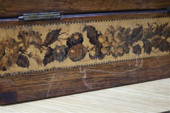 A Tunbridge ware box, a pair monopodia bronze candlesticks and a sun dial box length 23.4cm